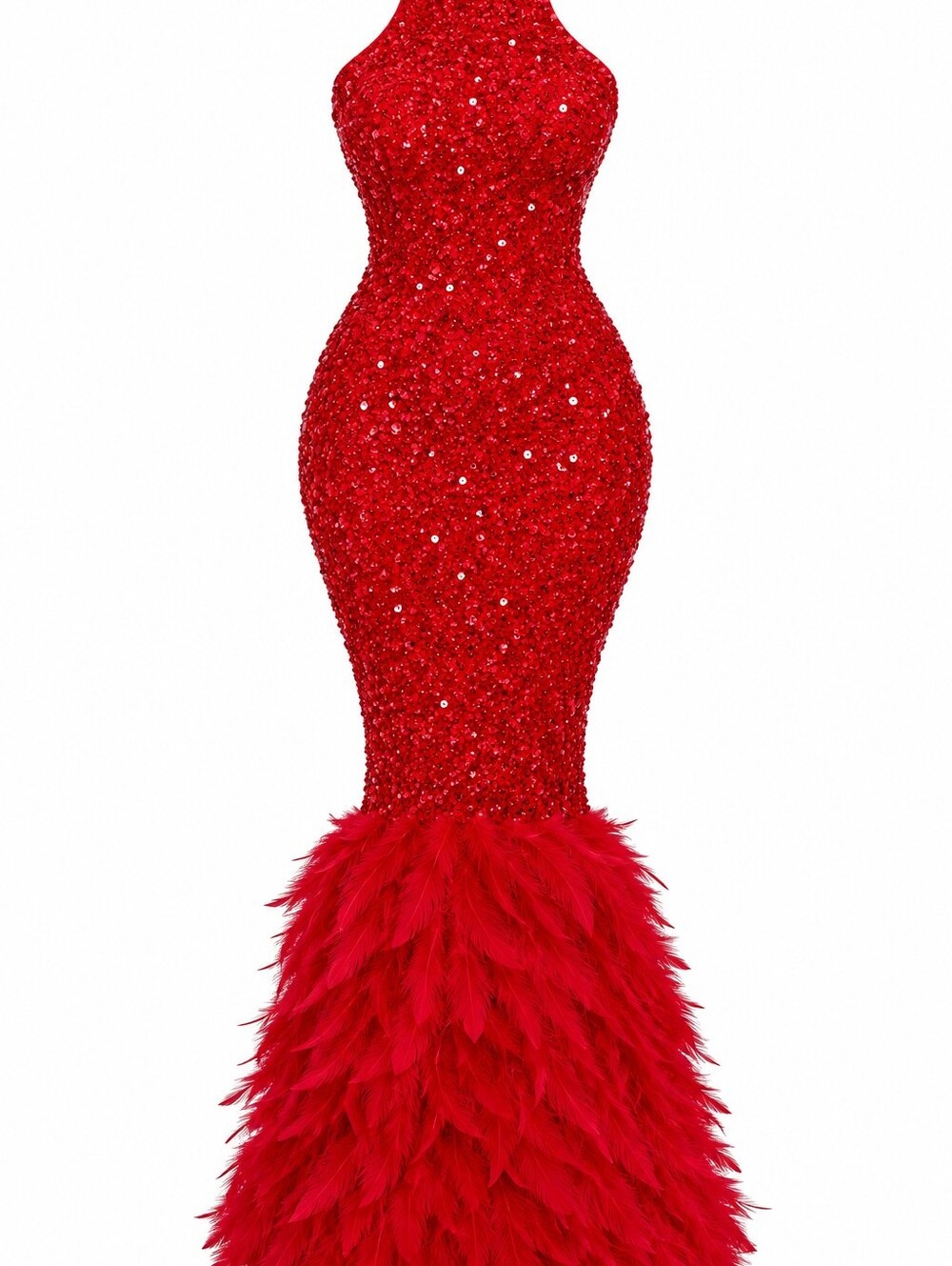 Fashion Nova Red Sequin Mermaid Gown with Feather Hem